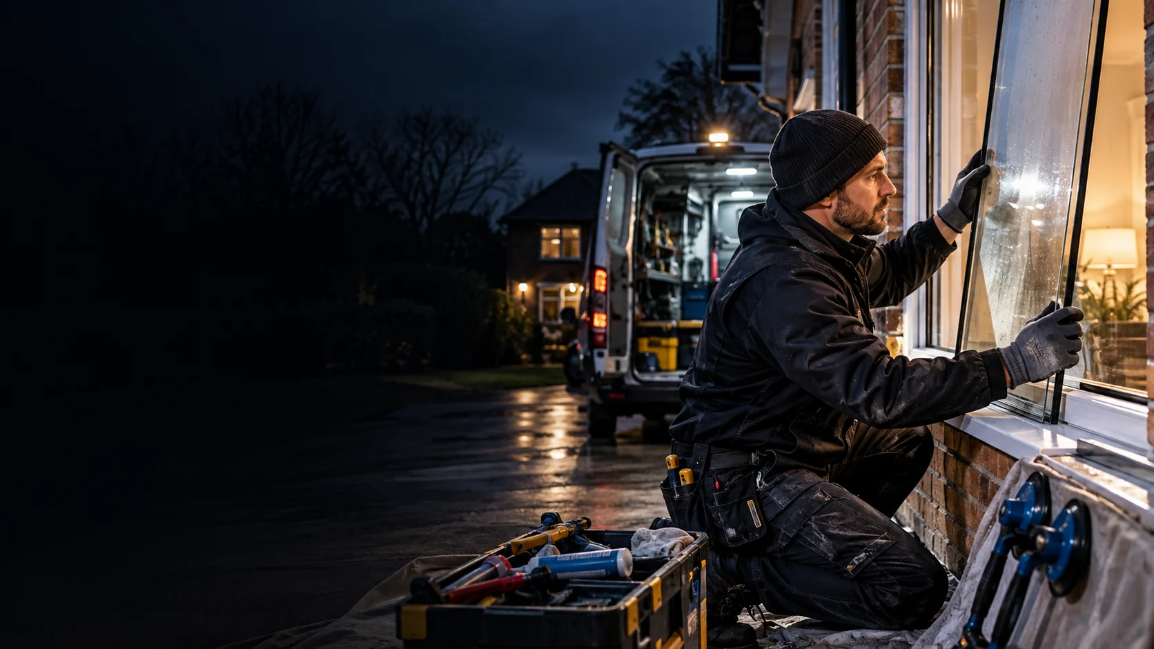 Glazier carefully working on a 24-hour glazing response project at a UK property