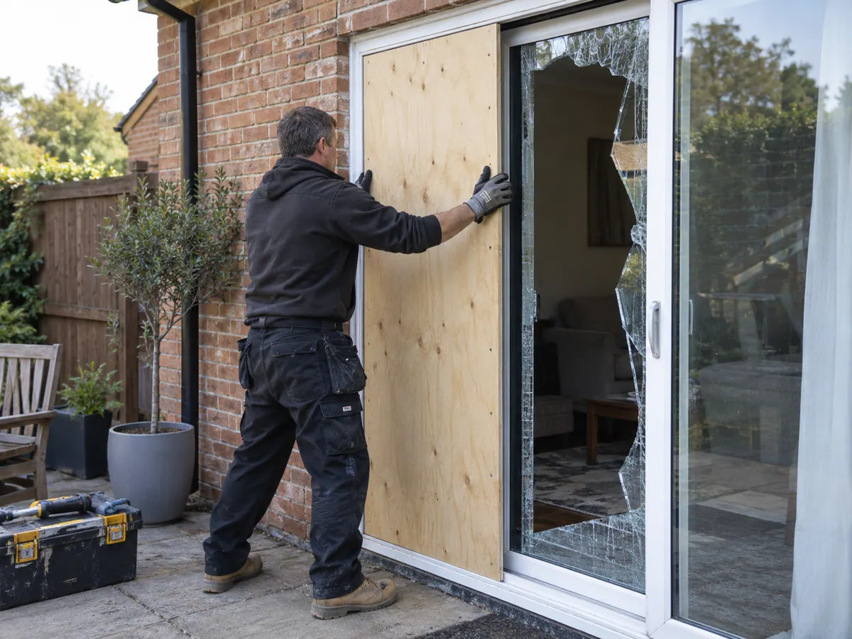 Illustrative Burglary Patio Door Repairs scene: Emergency patio door boarding service.
