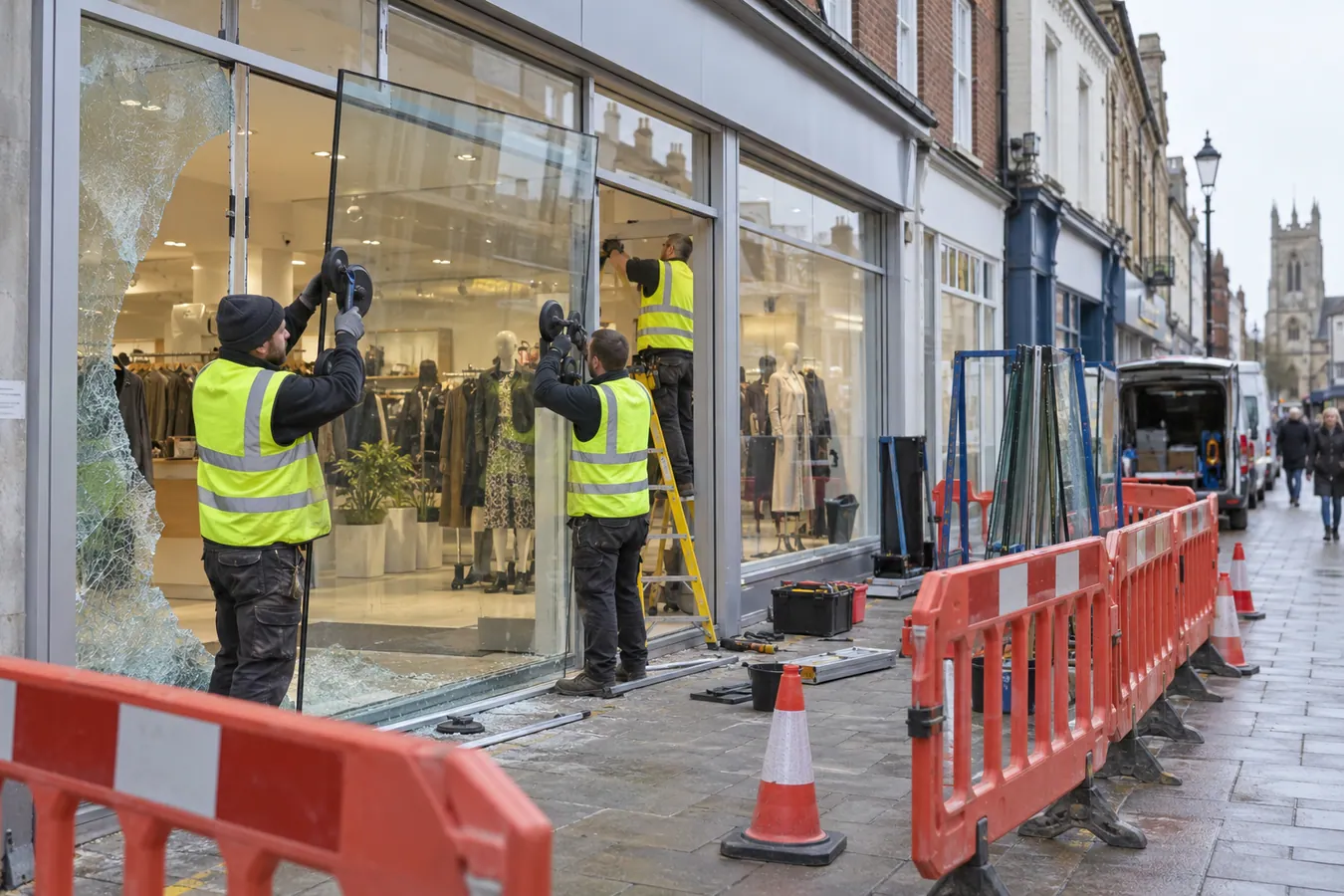 Illustrative Window Film Edge Repairs scene: Shopfront repair crew replacing glass.png.