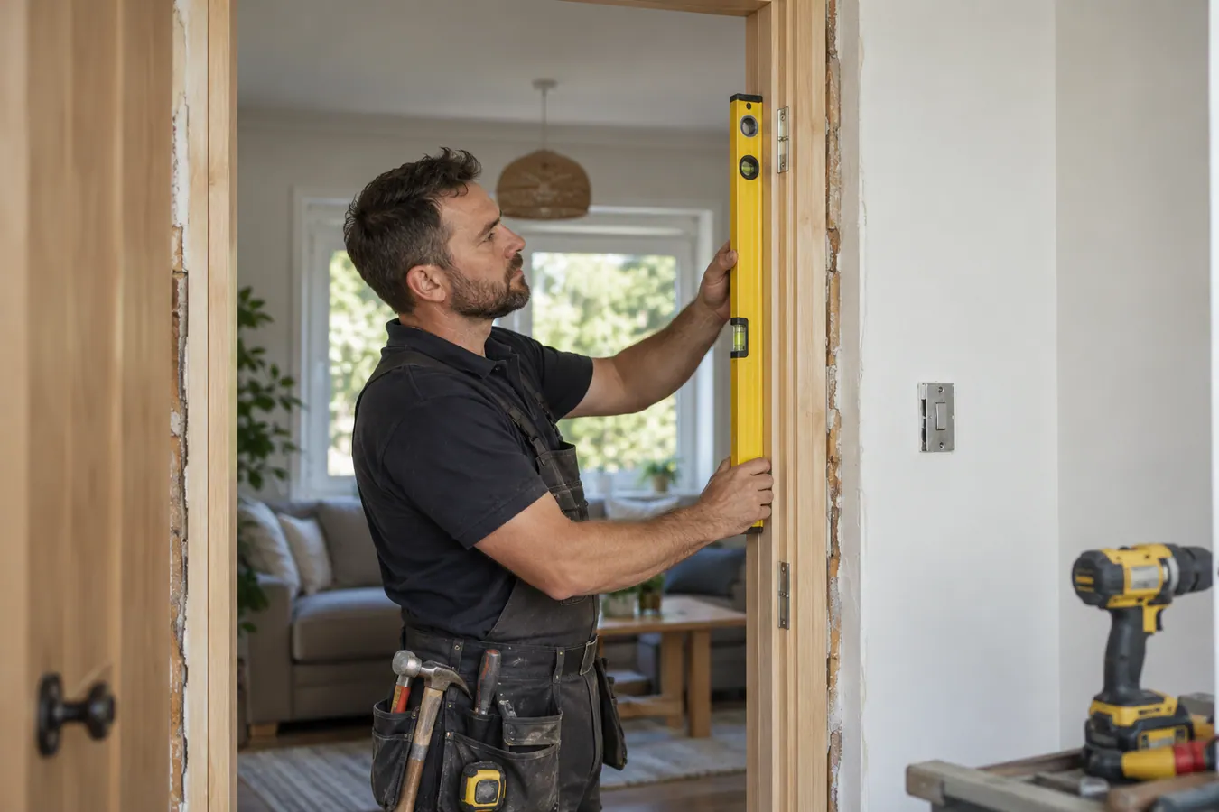 Illustrative Burglary Timber Door Repairs scene: Tradesperson Checking a New Timber Door Frame.