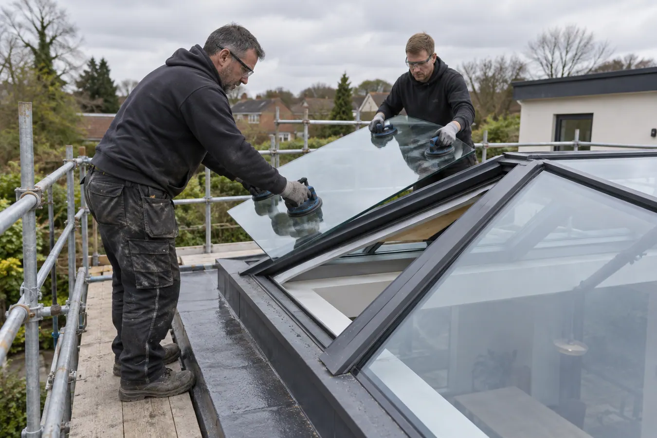 Illustrative Commercial Roof Glazing scene: Glazing installers replace roof lantern glass.