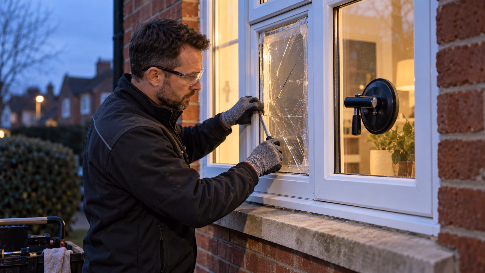 Illustrative Glazing Film Compatibility Surveys scene: Glazier repairing a damaged casement window at a British brick house.
