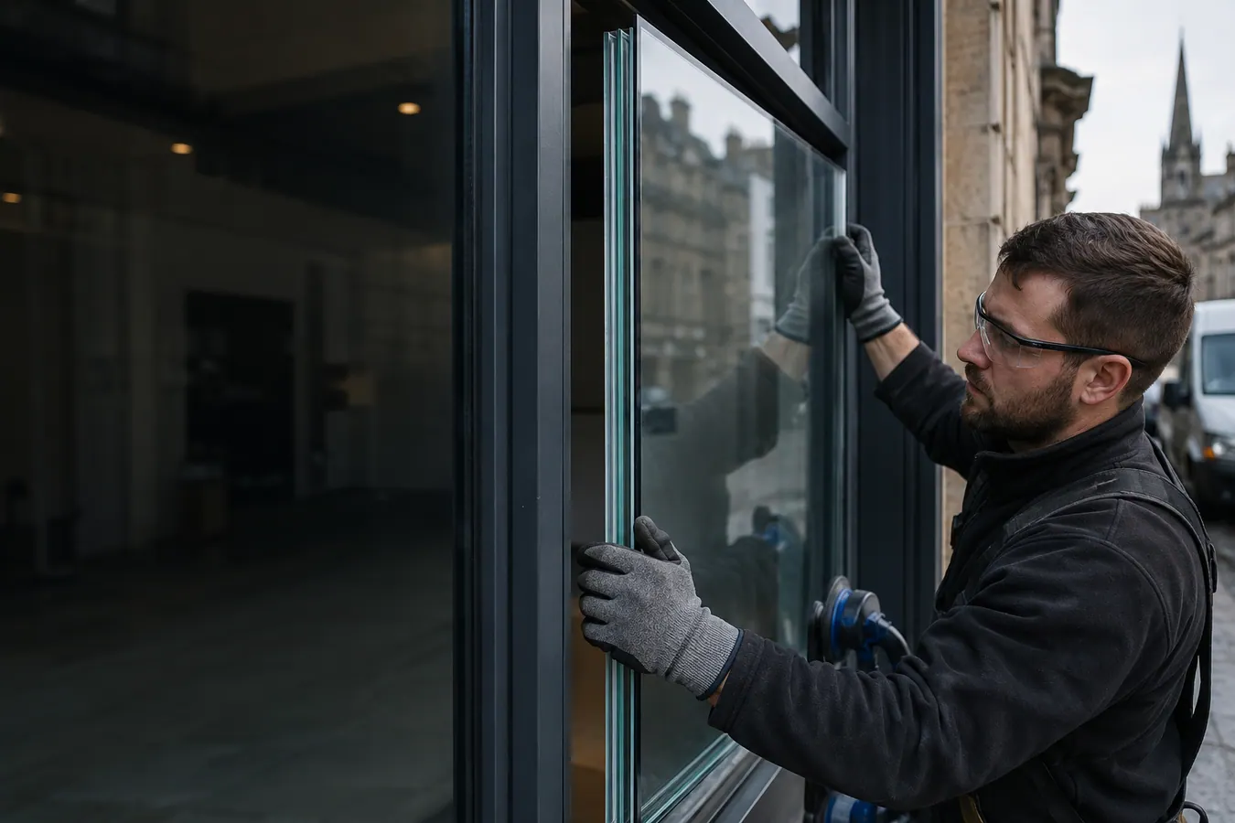 Illustrative Laminated Glass Replacement scene: Glazier fitting laminated security glass.png.