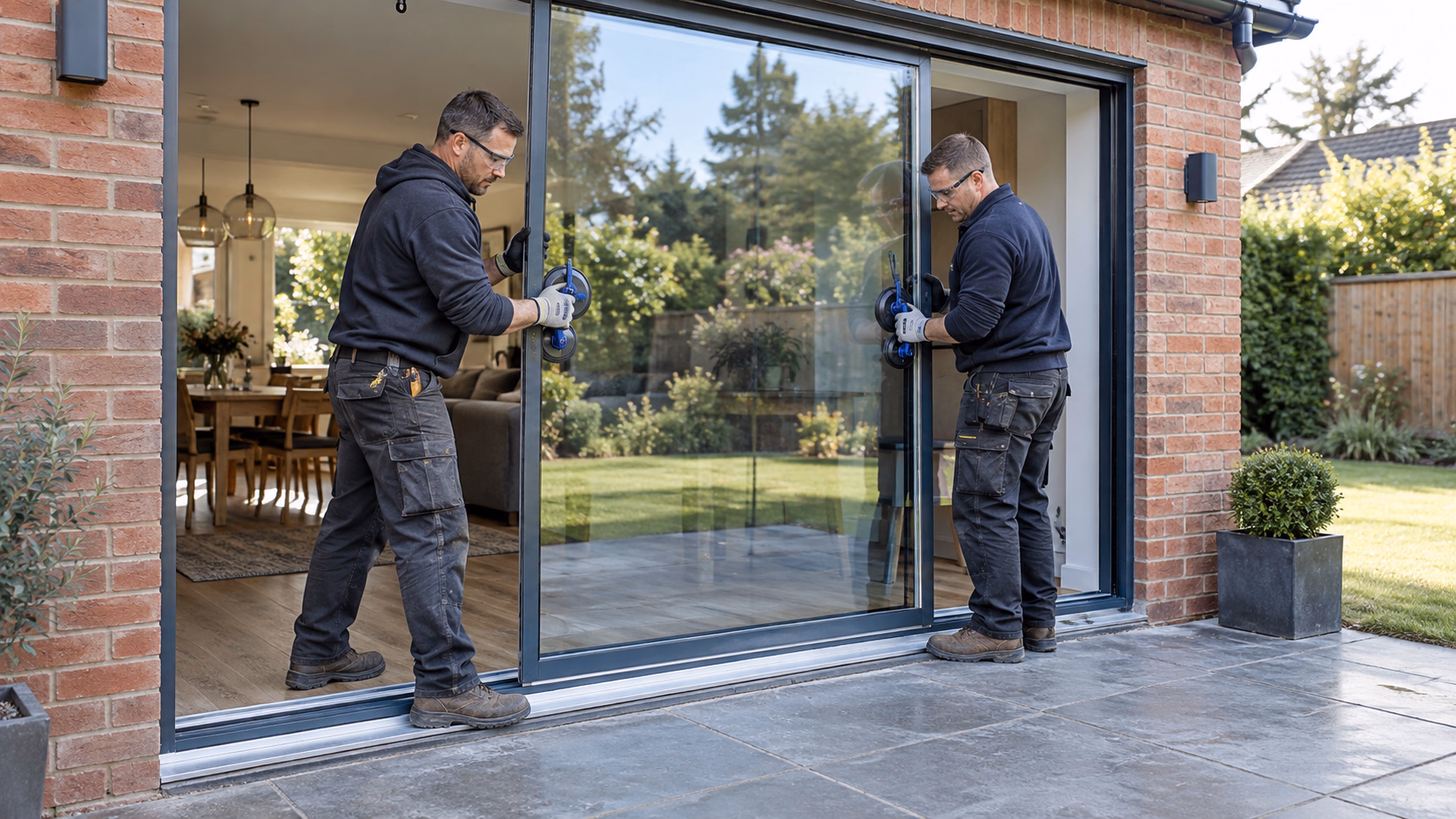 Illustrative Residential Solar Window Film scene: Two glaziers fitting a new sliding glass patio door into its frame and track.