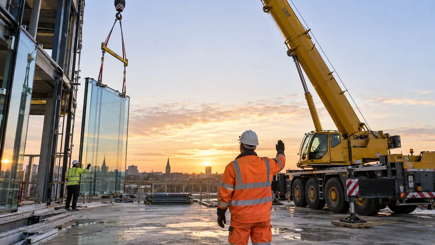 Illustrative Solar Window Film Surveys scene: Dawn crane lift of glass panels.png.