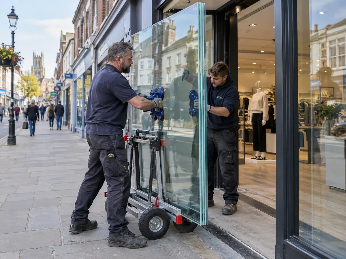 Illustrative Safety Film Aftercare scene: Laminated safety glass shopfront installation.