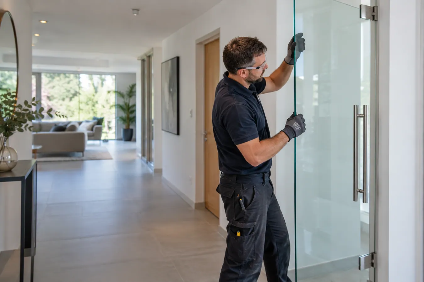 Illustrative Safety Film and Manifestation scene: Glazier fitting a frameless safety glass door.
