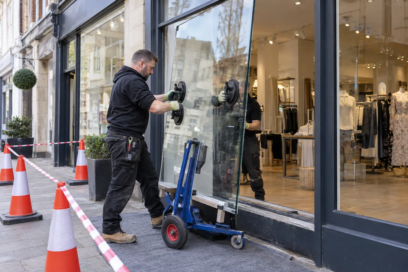 Illustrative Shop Window Safety Film scene: Shopfront glass replacement in progress.png.