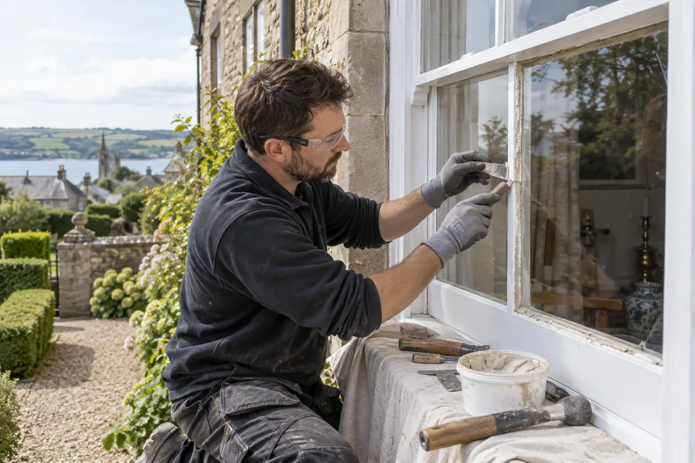 Illustrative Secondary Glazing for Listed Buildings scene: UK glazier repairing a heritage sash window.