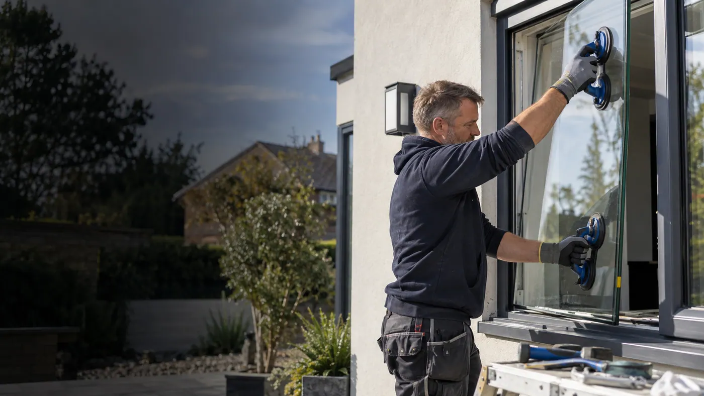 Illustrative Secondary Glazing Glass Replacement scene: Expert glazier fitting replacement double glazed panel.