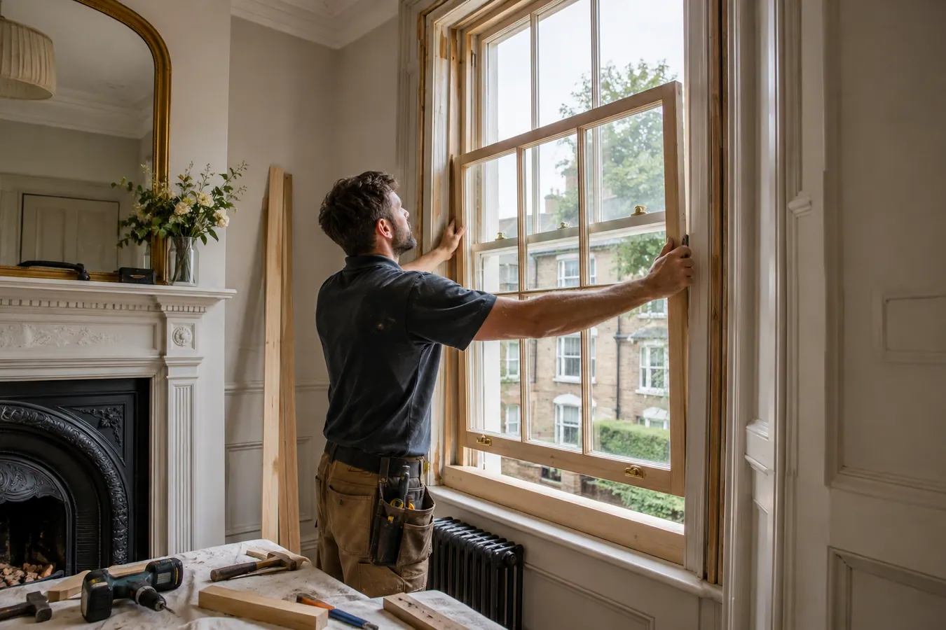 Illustrative Secondary Glazing Seal Replacement scene: Carpenter Installing a Timber Sash Window.