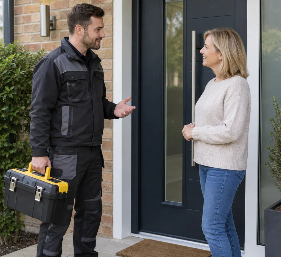 Illustrative Security Door Maintenance scene: Front door maintenance consultation.