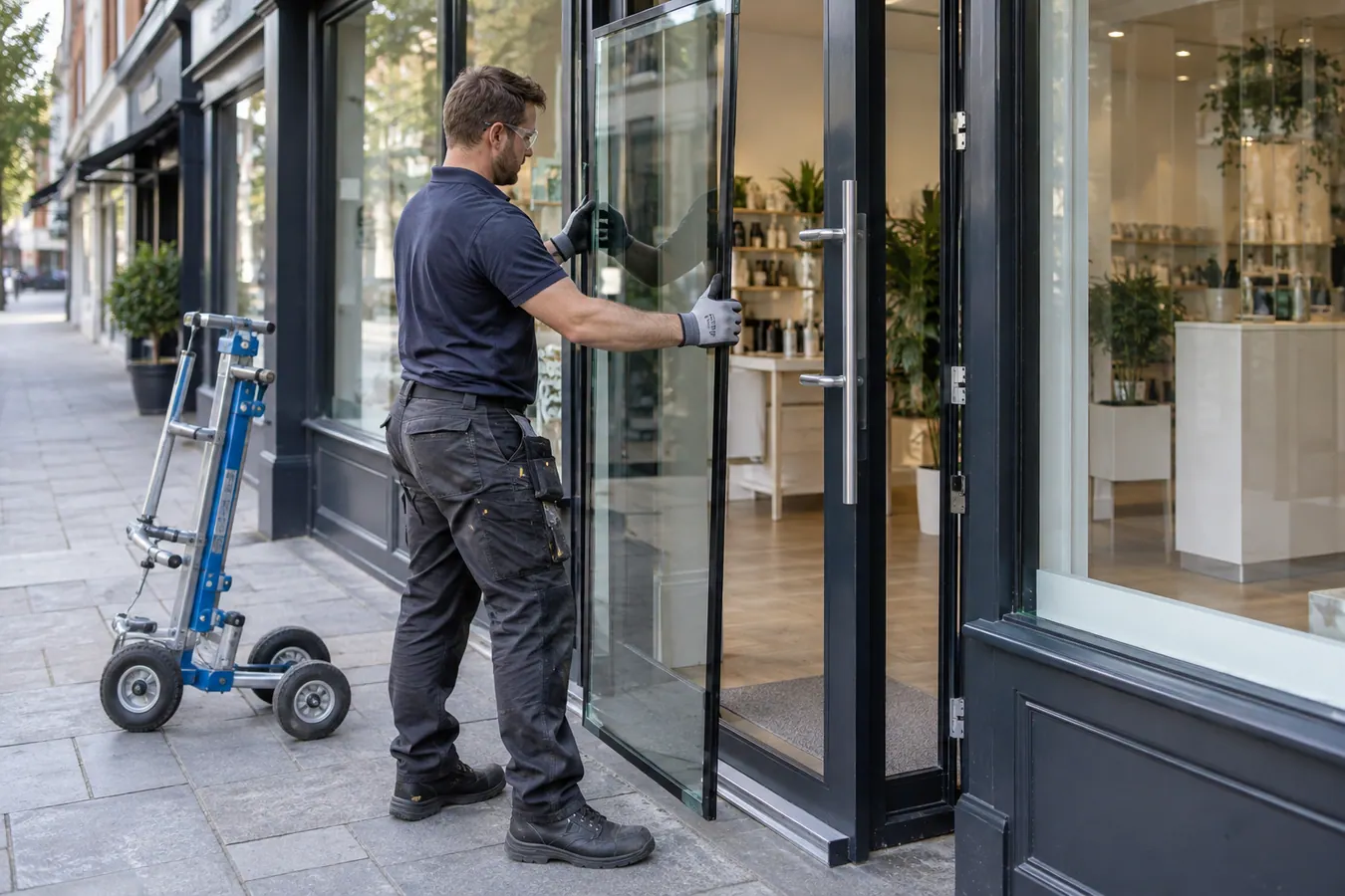 Illustrative Toughened Glass Replacement scene: Toughened glass shopfront door installation.