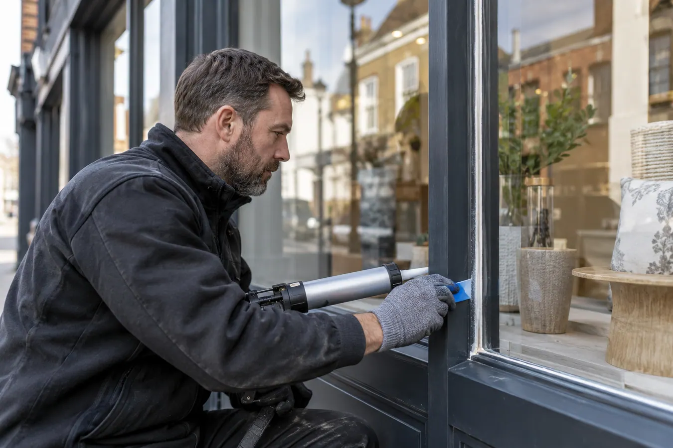 Illustrative Safety Film for Internal Glazing scene: Shopfront window resealing repair.png.